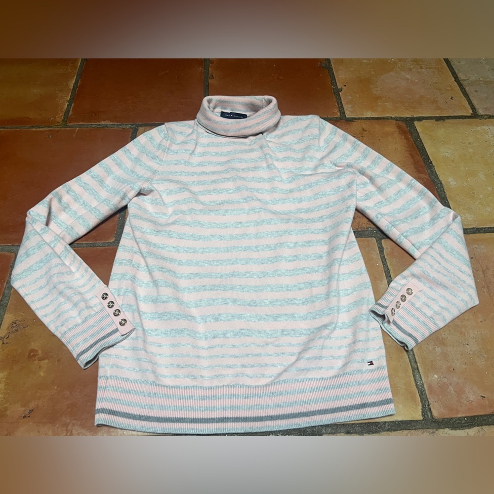 Tommy Hilfiger Pink and White Striped Turtleneck Sweater